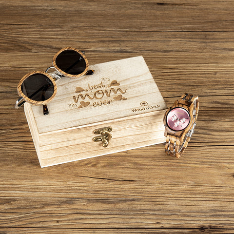 Geschenkbox "Best Mom Kirschbaum" mit schöner Holzarmbanduhr und dazu passender Sonnenbrille aus Holz