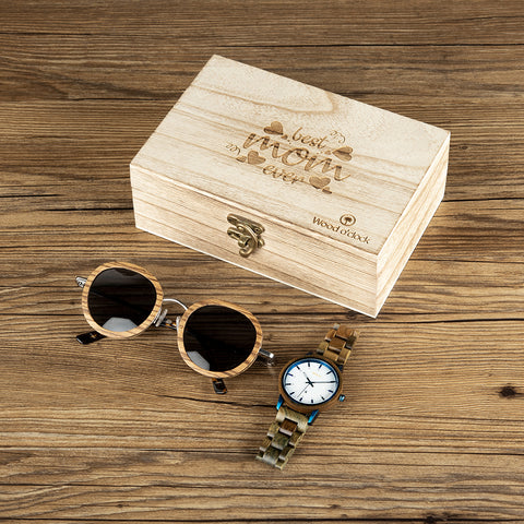 Geschenkbox "Best Mom Summertime" mit wunderschöner Holzuhr und dazu passender Sonnenbrille aus Holz