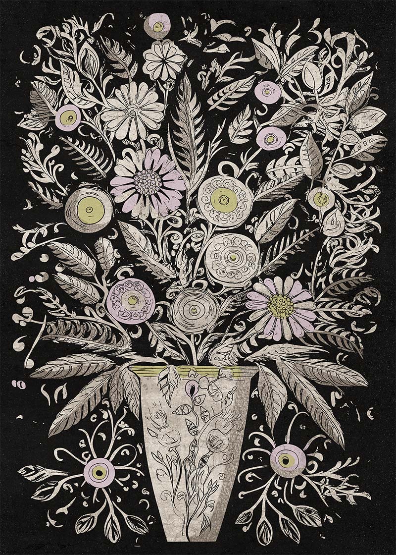 Folk Art Style Flowers Dark Print