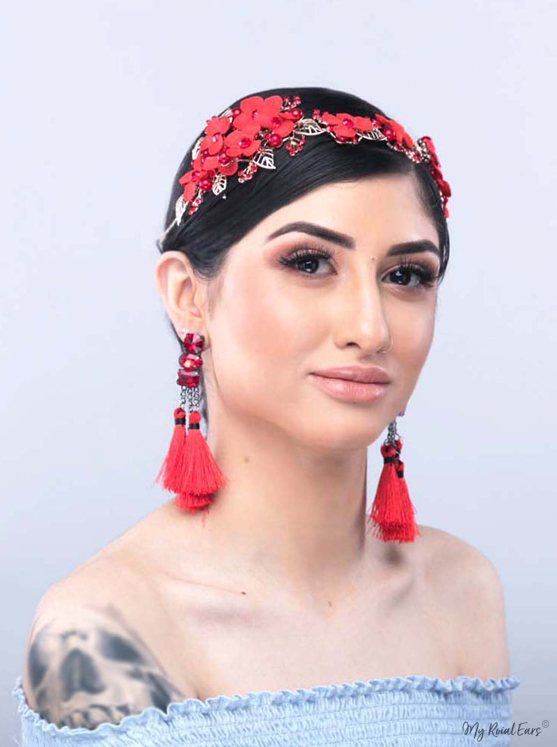 Dahlia RED- fashion chain drop tassel earrings