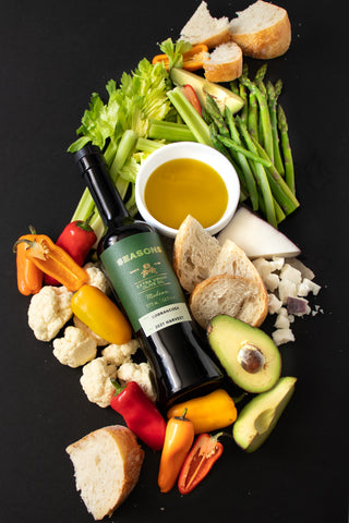 Medium Intensity EVOO Pairing: Bell Peppers, Asparagus, Celery, Cauliflower, Artichokes, Avocado, Manchego cheese, Young Gouda, Focaccia & French Bread. 