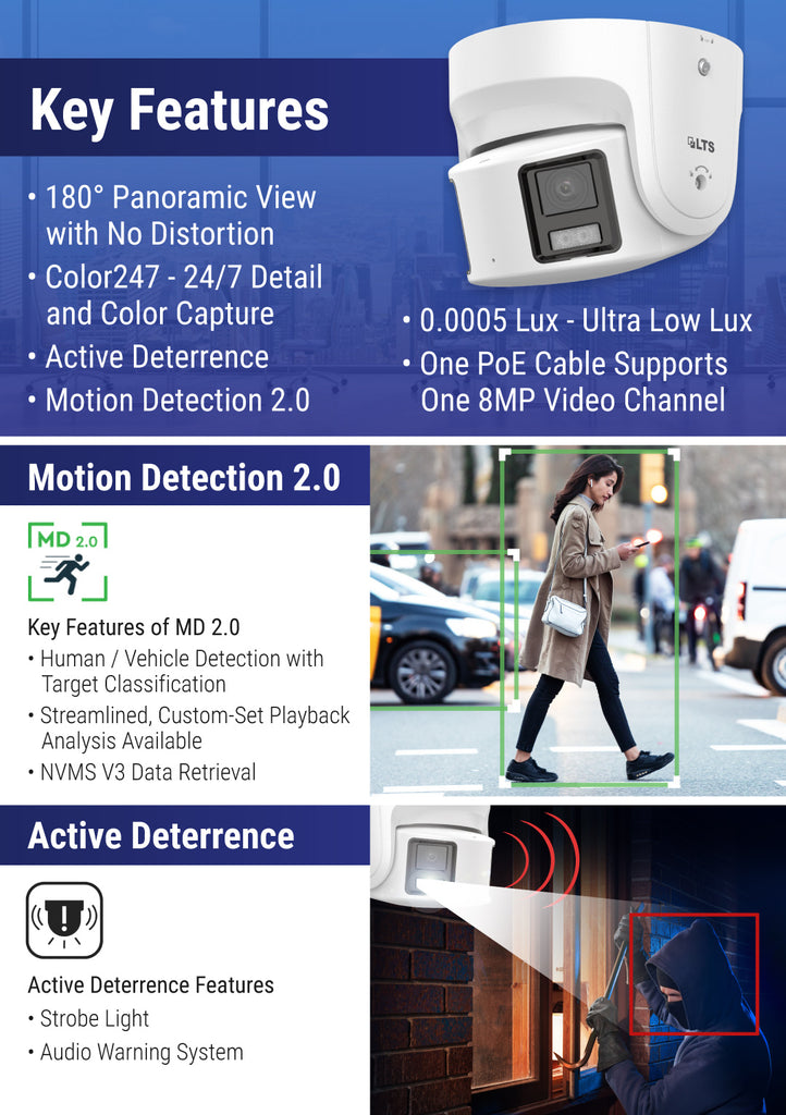 panoramic camera displaying key features, a man walking recorded and an intruder being light deterred