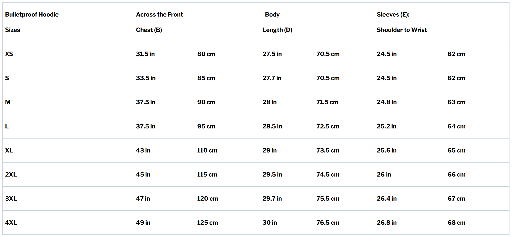 bulletproof hoodie size chart