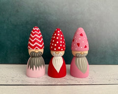 Valentine's Day Gnomes painted wood peg dolls at Twin Rainbow Design