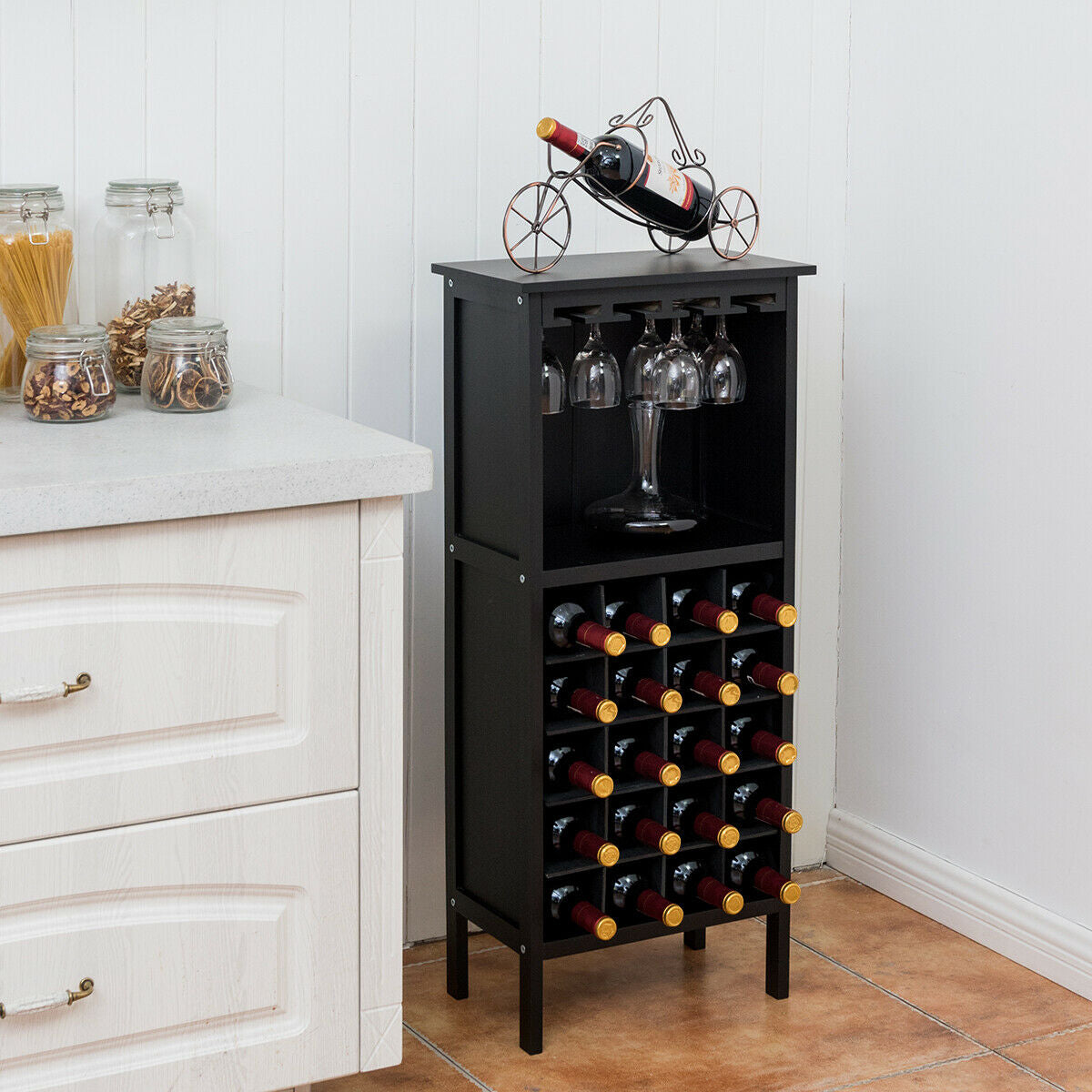 20 Bottles Wood Storage Glass Holder Cabinet Wine Rack Black
