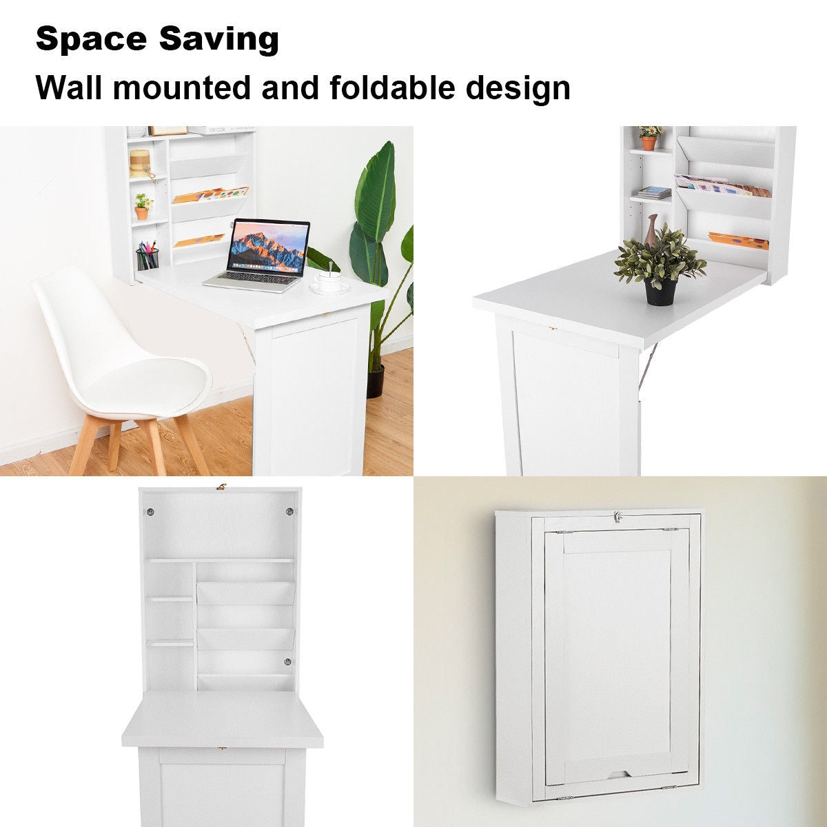 Wall Mounted Fold Out Convertible Floating Desk Space Saver White