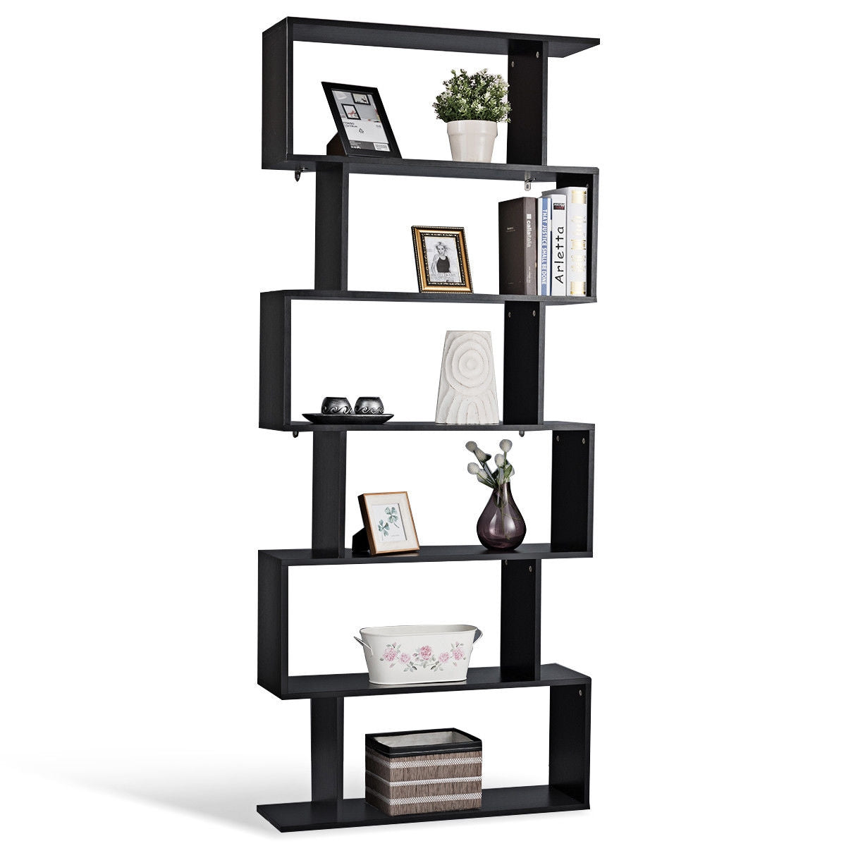 6 Tier S Shaped Bookcase Z Shelf Style Storage Bookshelf Black