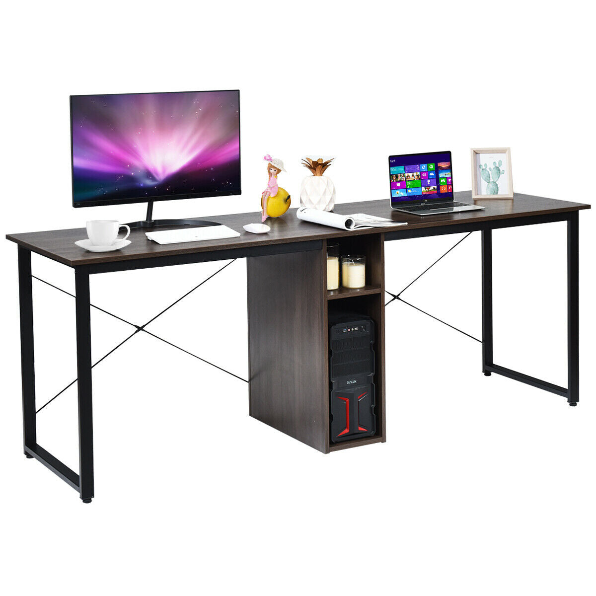 2 Person Computer Desk With Cabinet And X-Shaped Frame HW63006 | Comstrom