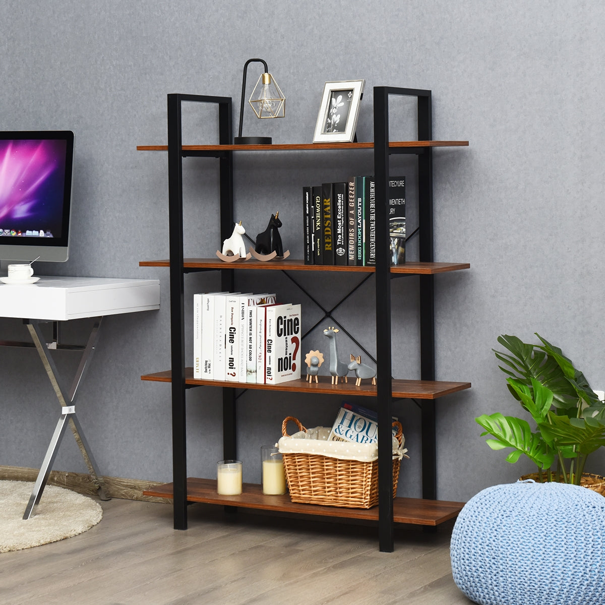 4 Tiers Bookshelf Industrial Bookcases Metal Frame Shelf Stand