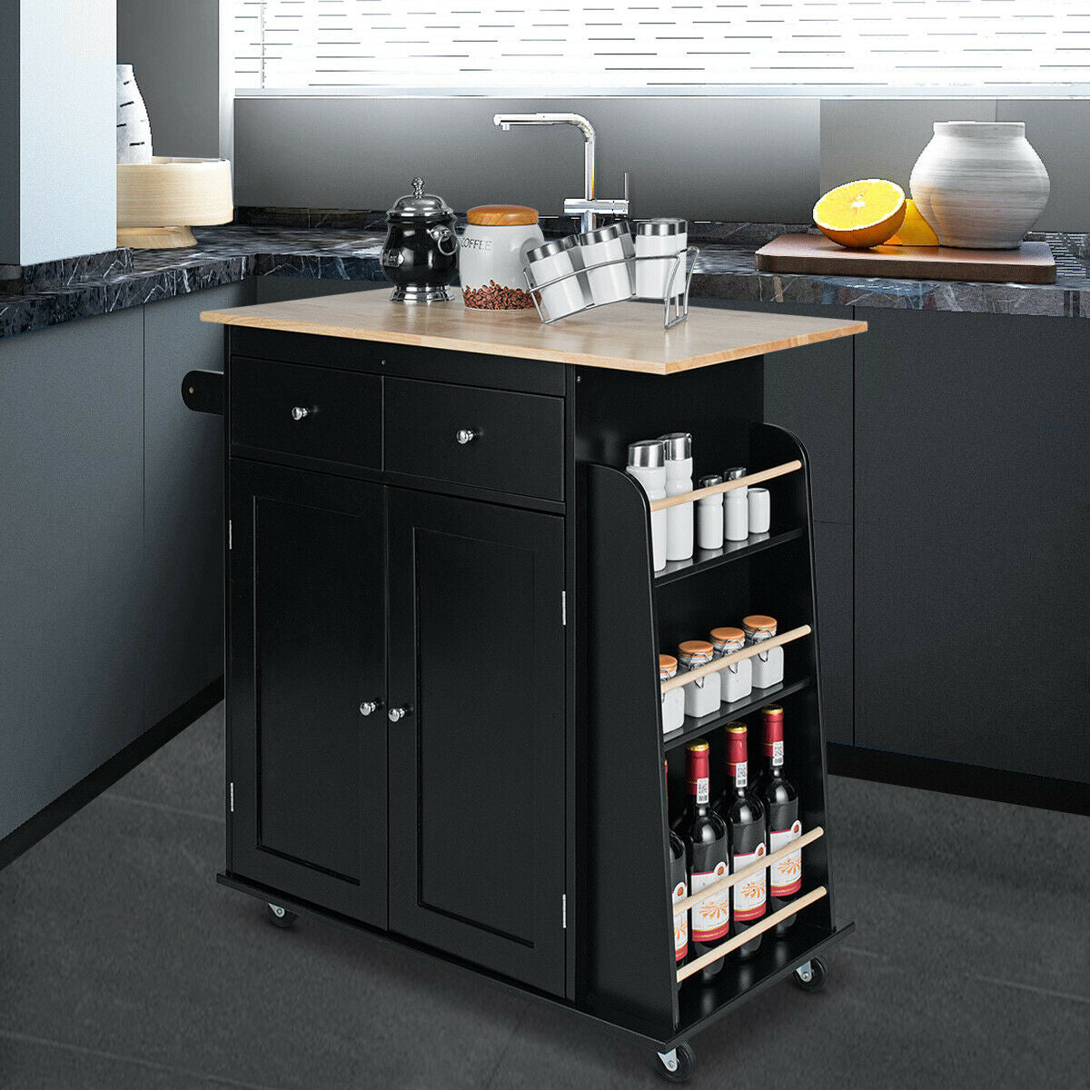 Rubber Wood Countertop Rolling Kitchen Island Cart Black Kc50280bk