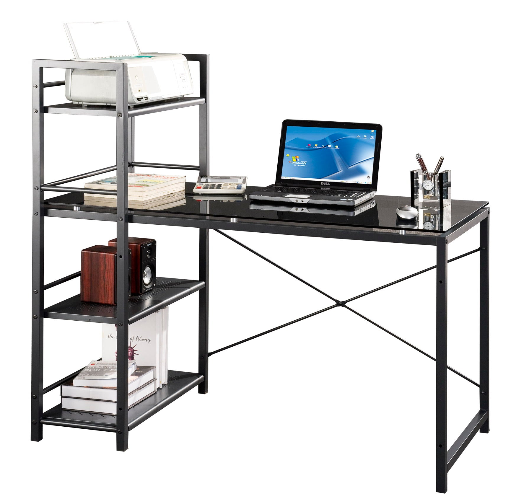 Techni Mobili Glass Desk With Built In Shelves Rta 7337 Gls Comstrom