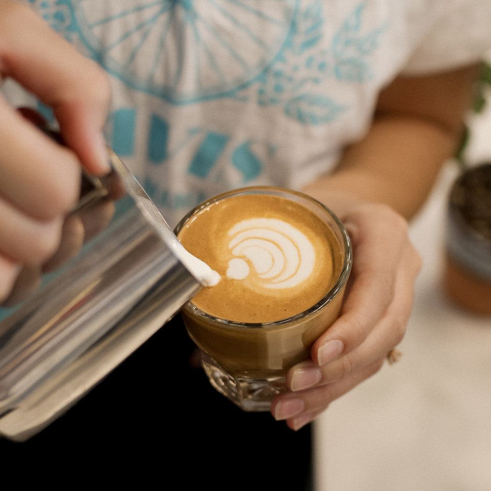 barista pouring latte art into gibraltar
