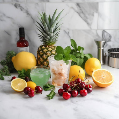 essential cocktail ingredients on a marble bar counter