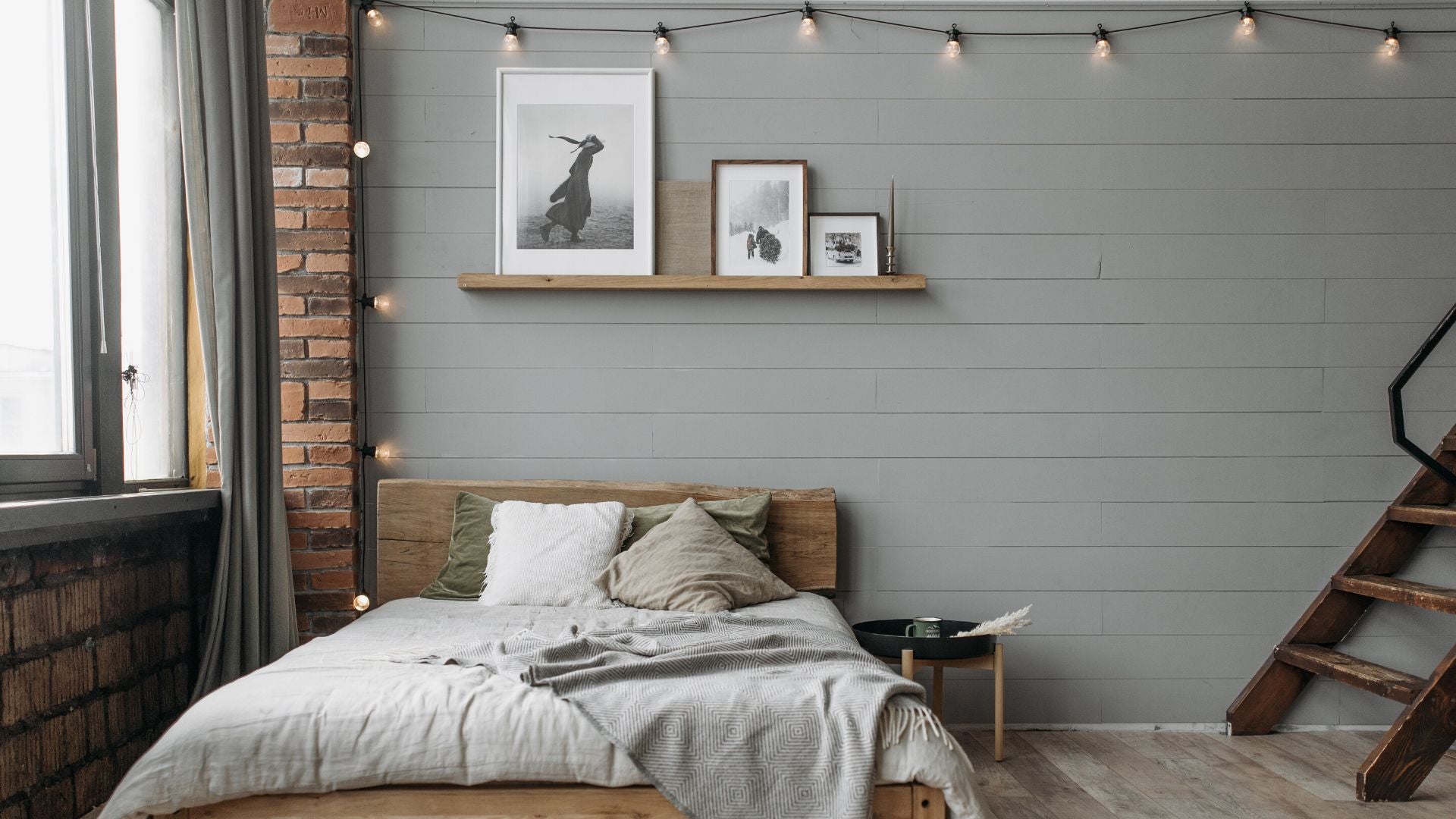 Grey wall industrial decor bedroom