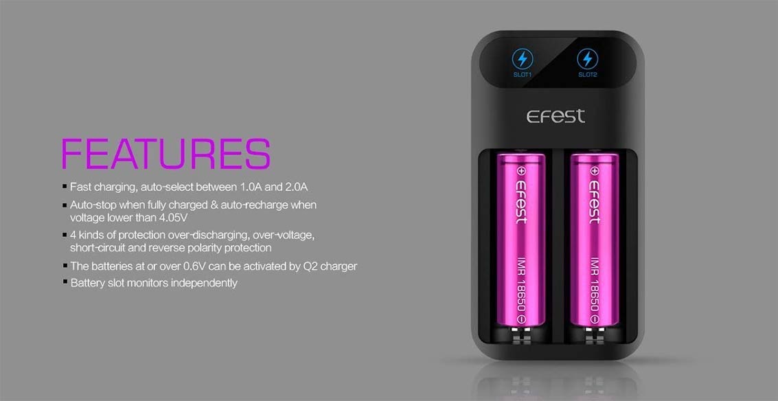 Chargeur de batterie LED intelligent à 2 baies Efest Lush Q2 | Bay Vape Canada