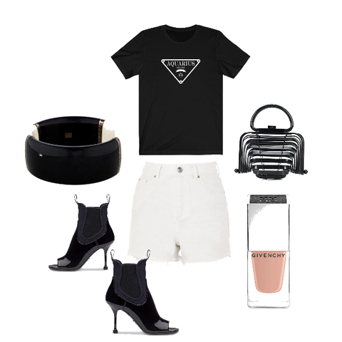 Aquarius birthday shirt black milano style with white jean dress and heels, Zodiac clothing for her birthday outfit