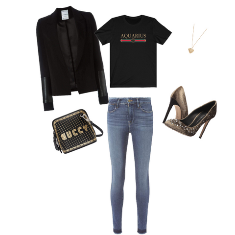 Aquarius shirt black g-girl style with gucci bag, Zodiac clothing for the perfect birthday outfit