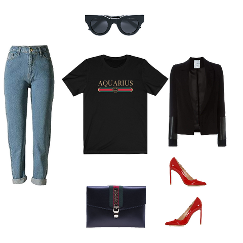 Aquarius zodiac shirt black g-girl jeans and blazer style, Zodiac outfit for your birthday look