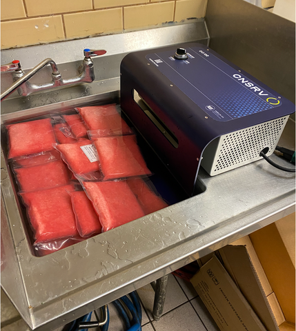 CNSRV DC:02 Defrosting frozen sushi grade tuna in half the time saving over 600 gallons of water
