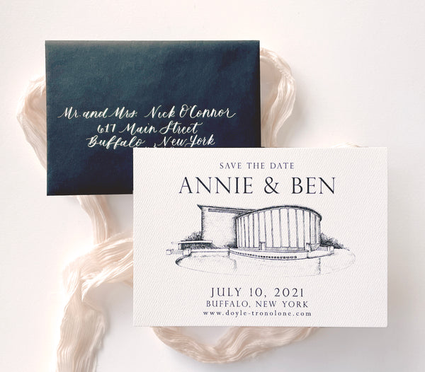 Kleinhans Music Hall Illustration Save the date by Rust Belt Love with black envelope and white calligraphy