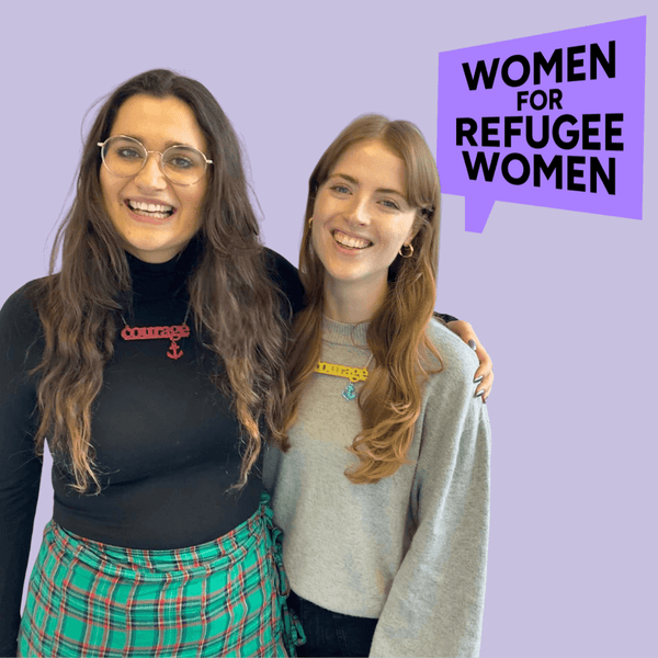 Lilah and Carenza from Women for Refugee Women modelling the Courage Collection Courage necklaces.
