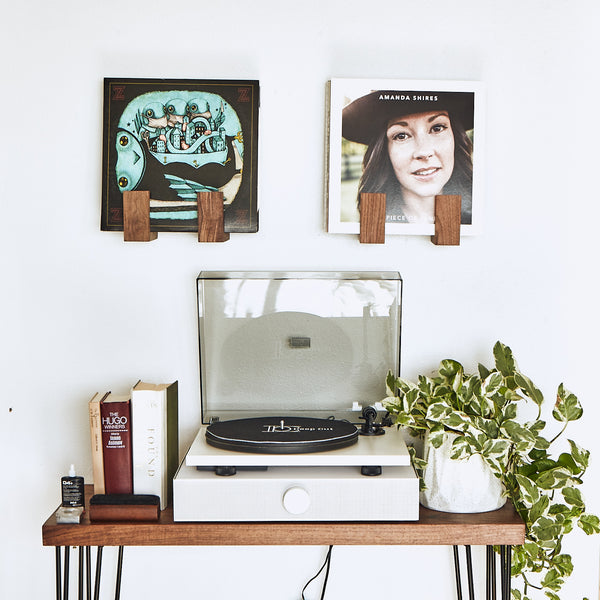 White Andover SpinBase speaker system + SpinDeck turntable with Flip Record Display Shelves displaying records: My Morning Jacket's Z + Amanda Shire's self-titled record