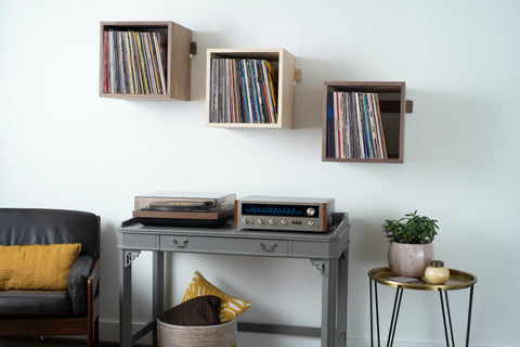 Mid-century modern design with vintage turntable system including Deep Cut Wall Cubes to store and display records