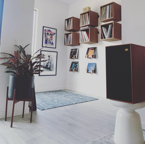 Record display wall by Doug LaGambina using Deep Cut Wall Cubes and Flip Display shelves