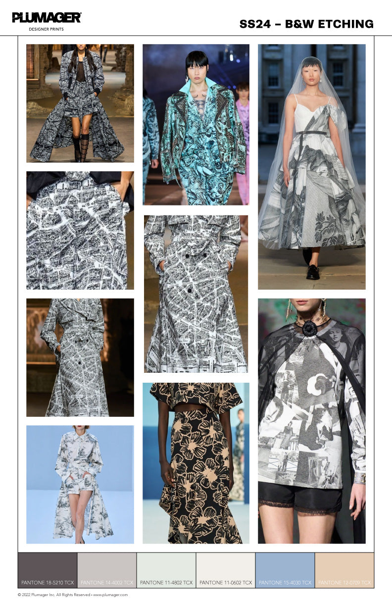 SS24 Print Textile Trend Report - Black and White Etching
