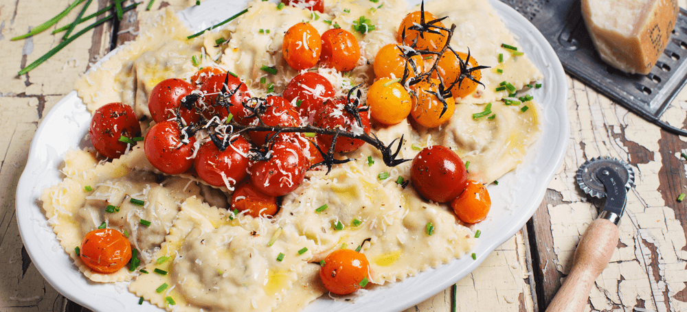 ravioli with red and orange tomatoes
