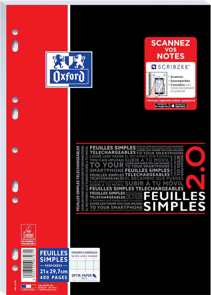 Feuilles Simples OXFORD # A4 perforées - 400 pages - grands carreaux 