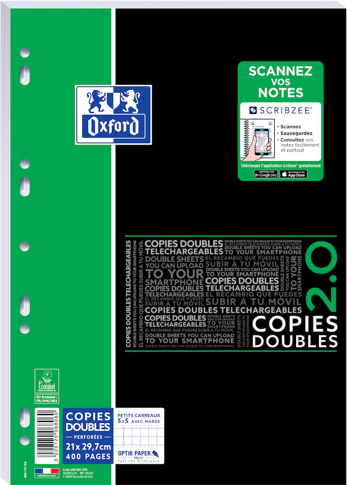 Copies Doubles OXFORD # A4 perforées - 400 pages - petits carreaux - c