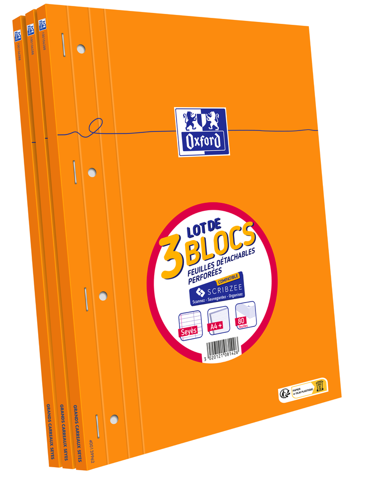 OXFORD Lot de 5 Bloc-Notes Perforé Orange A4+ Grands Carreaux