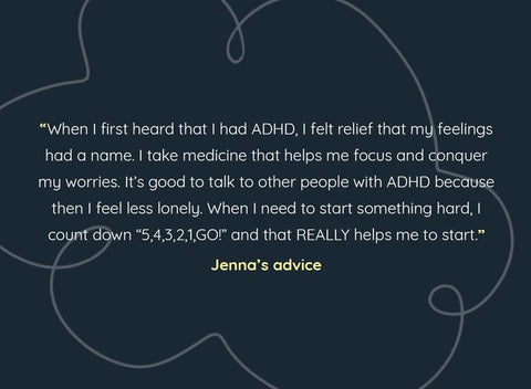 Dark blue background with white and green text explaining what ADHD means to them as an individual