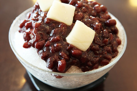 Traditional Korean shaved ice dessert with azuki beans patbingsoo