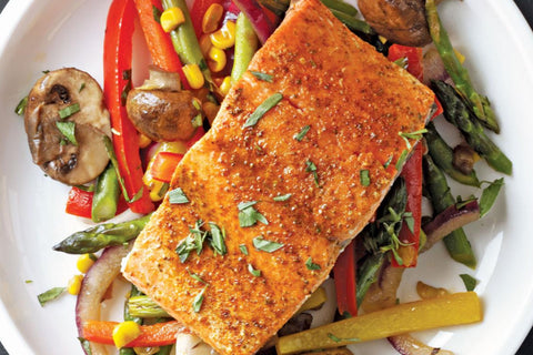 recipe for healthy baked salmon with vegetables for clear skin this summer