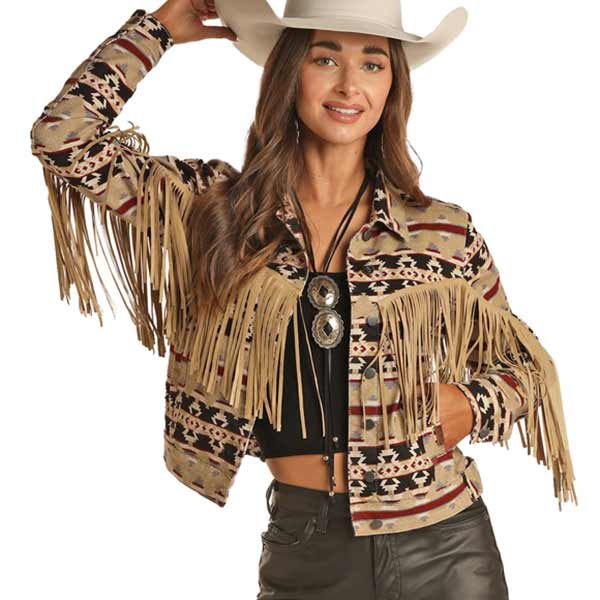 Rock & Roll Cowgirl Women's Fringe Aztec Cropped Jacket