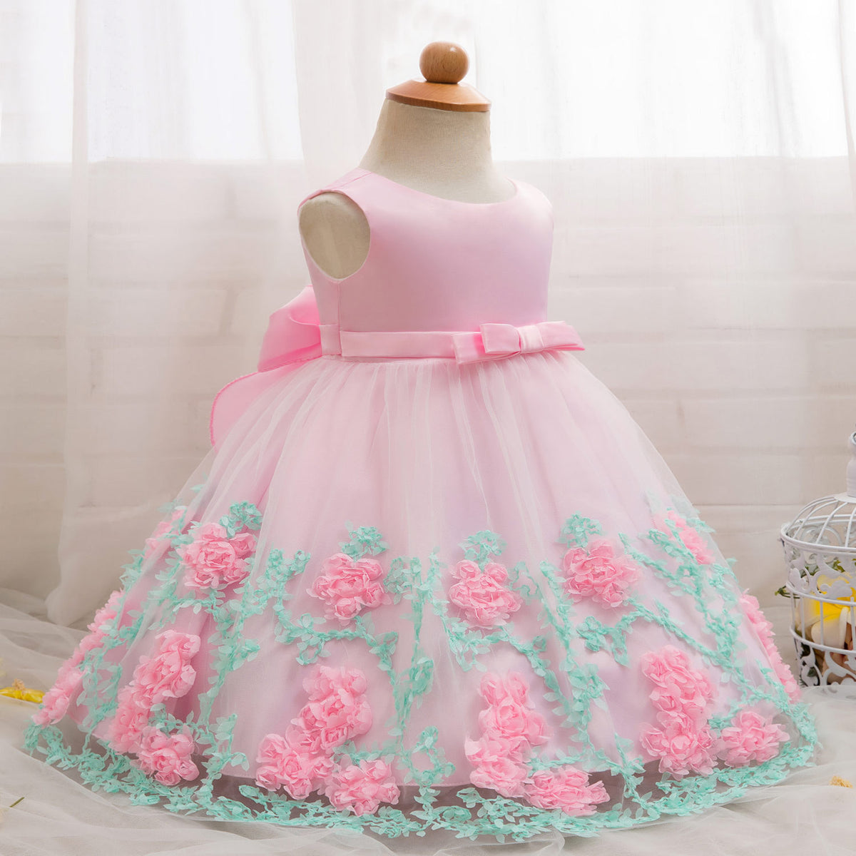 Baby Girls Kids Teenager Princess Stitching Bow Belt Denim Tulle Dress ...
