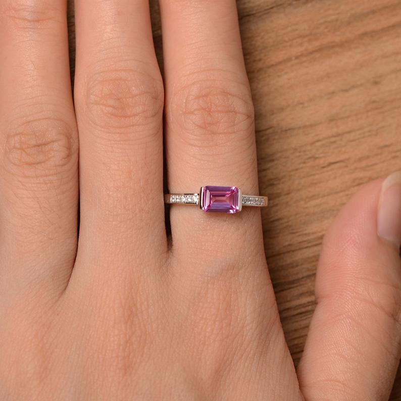 1.25 Ct Emerald Cut Pink Sapphire Solitaire W/Accents Proposal Ring In 925 Sterling Silver