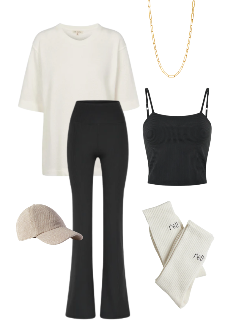 Early morning activewear set in ribbed recycled fabric, oversized tee and cap for yoga in the countryside