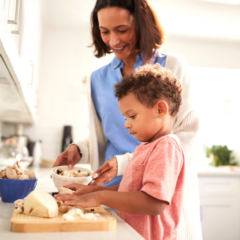 mom cooking with son