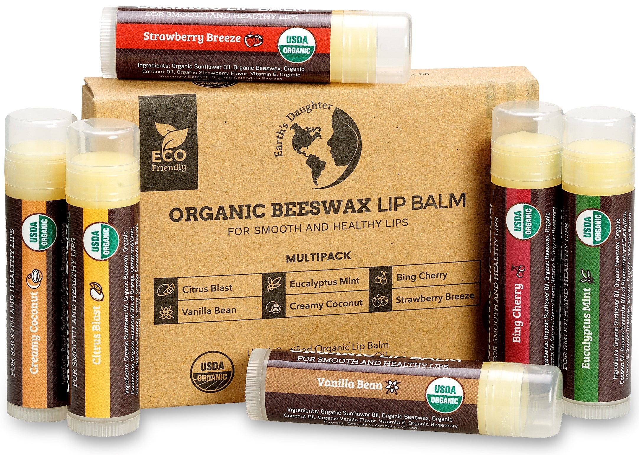 Usda Organic Lip Balm 6 Pack Fruit Flavors Beeswax Coconut Oil Vi Earthsdaughter