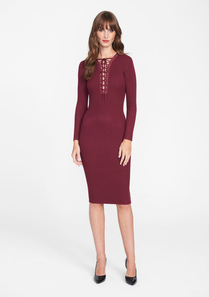 Tall Tall Knit Plunging Neck Long Sleeves Lace-Up Midi Dress