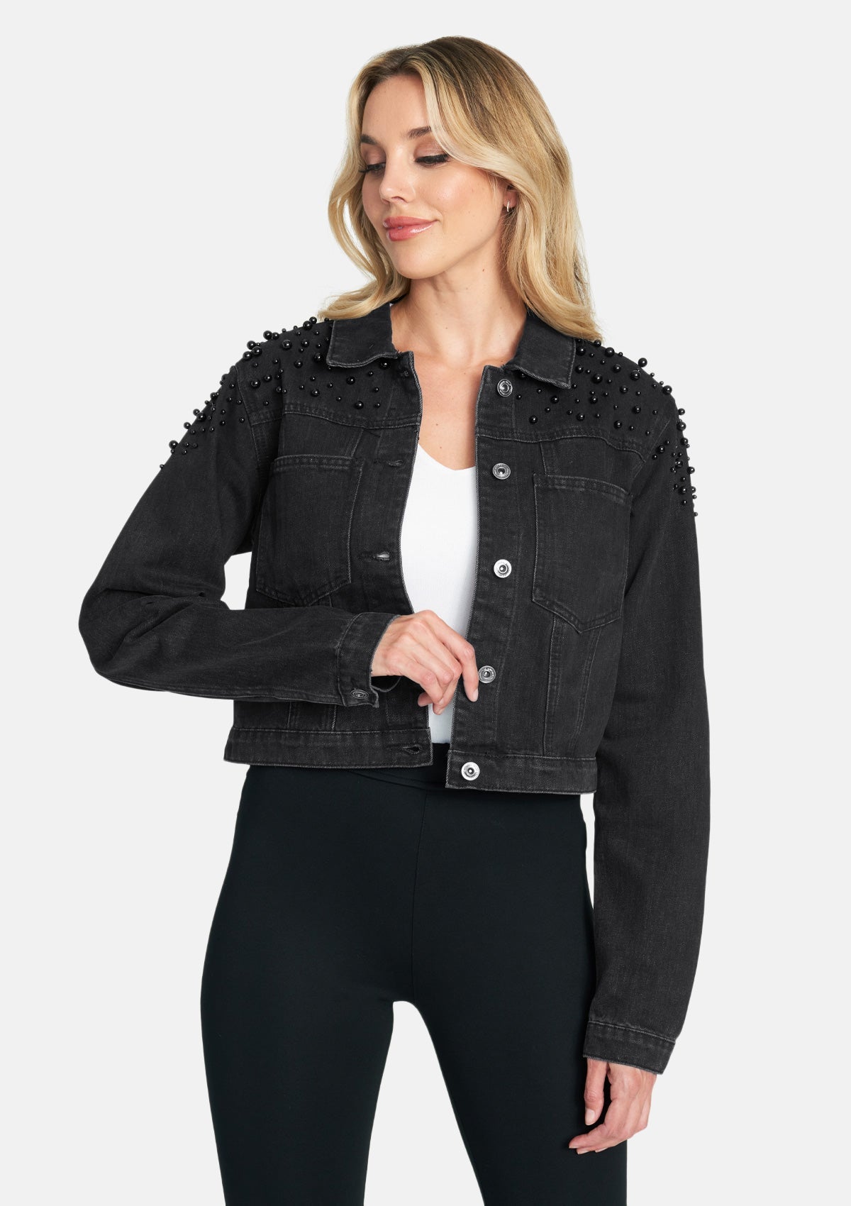 Alloy Apparel Tall Ava Embellished Denim Jacket for Women in Black Size L | Cotton
