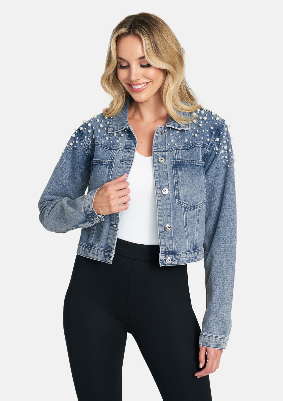 Alloy Apparel Tall Ava Embellished Denim Jacket for Women in Medium Wash Size L | Cotton