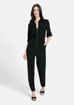 Tall Tall Front Zipper Pocketed Flowy Elasticized Waistline Collared Crepe Jumpsuit