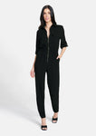 Tall Tall Elasticized Waistline Collared Crepe Flowy Front Zipper Pocketed Jumpsuit