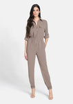 Tall Tall Crepe Elasticized Waistline Flowy Front Zipper Pocketed Collared Jumpsuit
