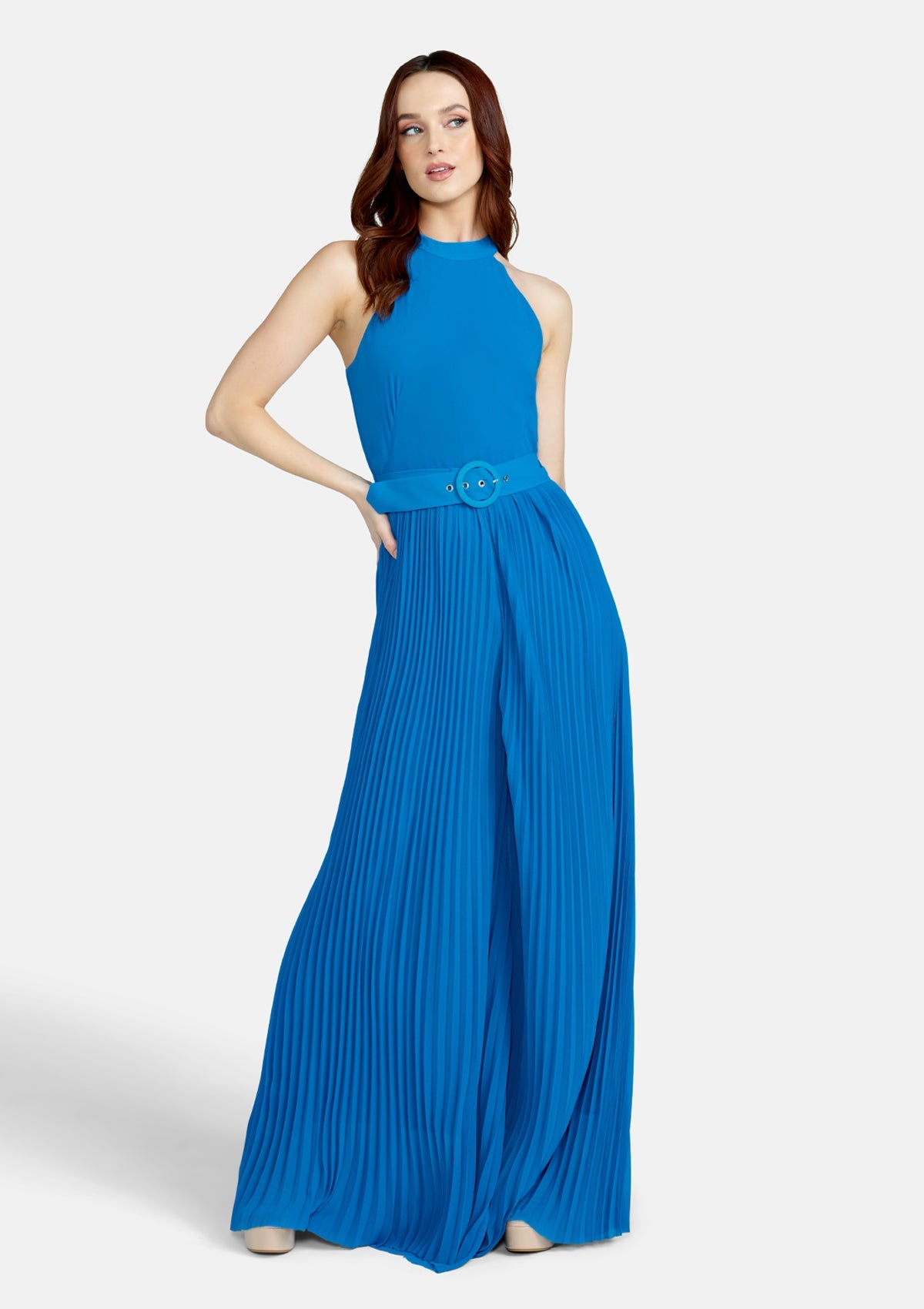 Alloy Apparel Tall Zandaya Pleated Wide Leg Jumpsuit for Women in Blue Size XL | Polyester