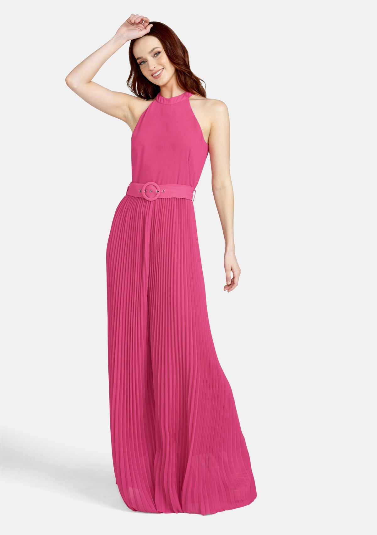 Alloy Apparel Tall Zandaya Pleated Wide Leg Jumpsuit for Women in Fuchsia Size S | Polyester
